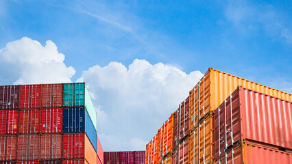 Cargo ship container goods export import international transport on blue sky background, warehouse...