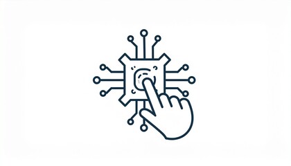 Fingerprint scanning technology icon, hand touching circuit board, digital security concept, modern design.