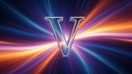 Metallic letter V on vibrant abstract background, light streaks, speed, power, energy, motion, abstract, light, effect, background, vibrant, dynamic, glowing, colorful, futuristic, science, technology