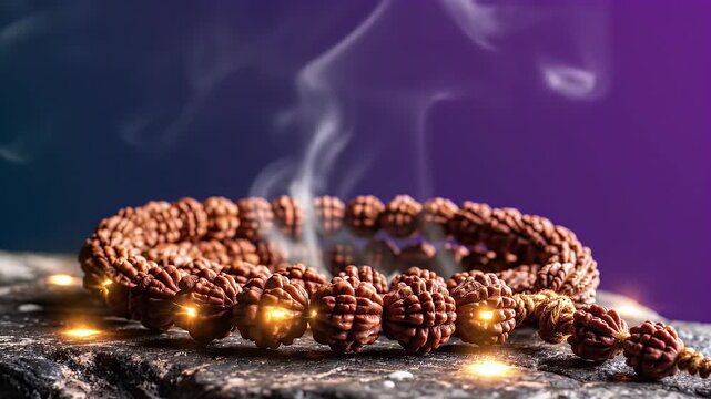 Maha Shivaratri spiritual background, Close-up of sacred Rudraksha bead mala resting on ancient stone surface with mystical dark blue to purple gradient