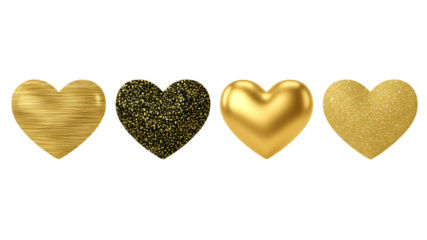 Golden heart shapes in various textures and finishes on transparent background high quality professional detailed modern