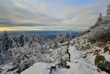 beautiful winter landscape in the mountains. Winter landscape in the north of Bohemia. Mountain in winter time. Jested