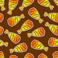 Fried chicken seamless pattern background. Fried chicken thigh pattern. Cartoon fried chicken pattern background. Fast food pattern background.