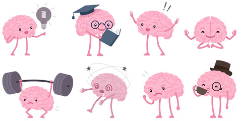 A collection of cute and expressive brain characters illustrated in a flat vector style. This set represents intelligence, learning, creativity, problem solving, and mental activity through playful 