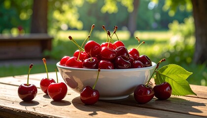 Fresh cherries in a white bowl on a wooden table in a sunny garden setting.