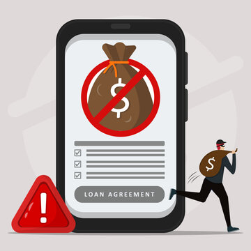 Online loan scam warning beware of financial fraud concept. A hacker stealing money bag with smartphone screen showing blockade sign of fake loan agreements.