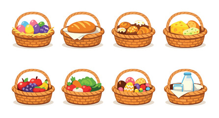 Assorted baskets with easter eggs, bread, cheese, fruits, vegetables, and milk
