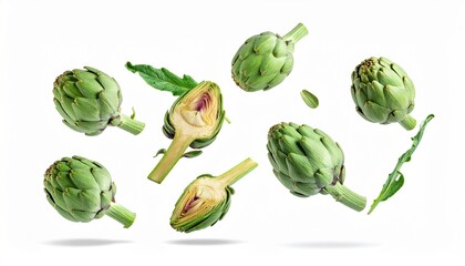 Fresh green artichokes floating in the air, isolated on a white background, healthy food concept.