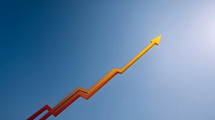 A vibrant zig zagging graph line with an arrow pointing upwards against a clear blue sky