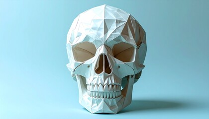 Geometric Skull Sculpture on a Light Blue Background - A Modern Artistic Representation.