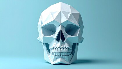 Geometric Skull Sculpture on Blue Background - A Modern Artistic Representation.