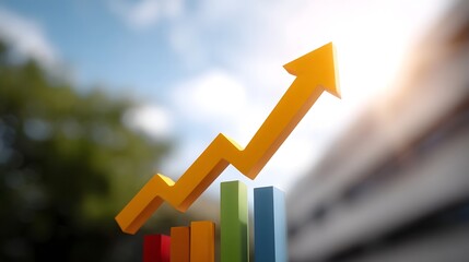 A vibrant 3D arrow graph signifies upward growth and success set against a bright sunlit sky and blurred background