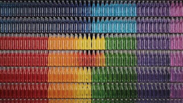Arrangement of Colorful Glass Bottles Filled With Liquid Displayed on Shelves in a Vibrant Rainbow Spectrum of Blue Orange Yellow Red Green and Purple Hues