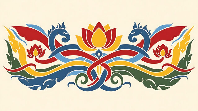 Colorful khmer kbach teav decorative element depicting stylized nagas and lotus flower central motif