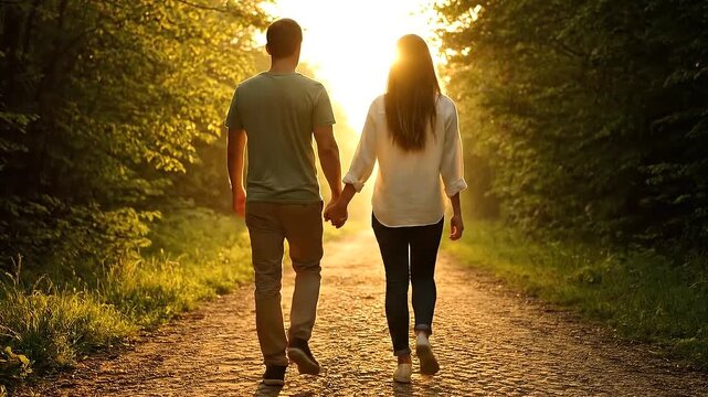 Couple walking hand in hand outdoors.