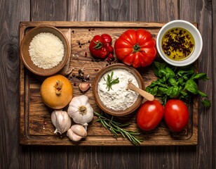 Fresh ingredients for a delicious meal arranged on a wooden cutting board.