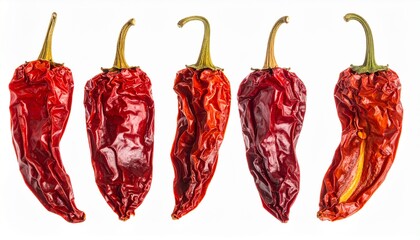 Five Dried Red Chili Peppers Isolated on a White Background.