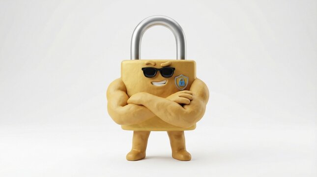 Cute cartoon golden padlock character acting as bouncer with sunglasses, cybersecurity and protection concept 3D illustration