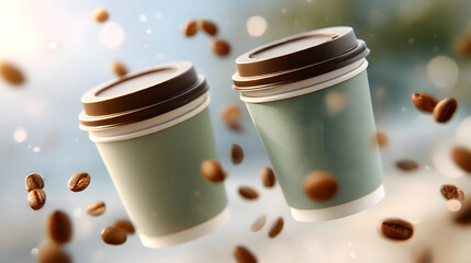 Two Levitating Green Coffee Cups Mockup with Flying Coffee Beans