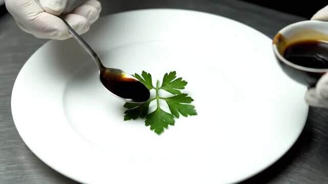 Professional Chef Plating Parsley Leaf and Balsamic Sauce on White Plate
