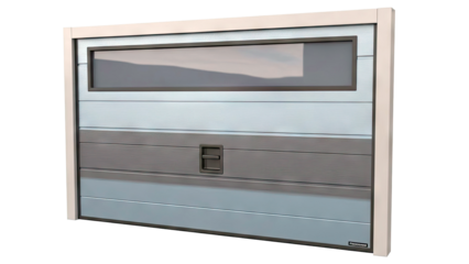 Modern sectional garage door with wood grain texture and window