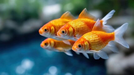 Goldfish swim in a clear pond surrounded by rocks and green plants during daytime