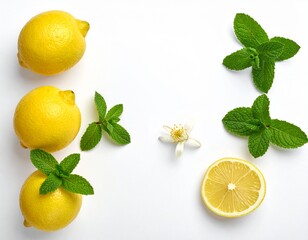 Fresh lemons with mint leaves and a flower on a white surface, a refreshing composition.