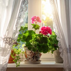Geraniums in a decorative pot on a windowsill with lace curtains and sunlight.