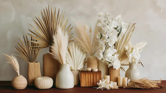 A collection of vases and flowers are arranged on a table. The vases are of various shapes and sizes. Sustainable wedding decor with natural fibers, understated elegance, serene visual balance