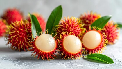 Fresh rambutan fruits with spiky red skin and white flesh, tropical fruit close-up.
