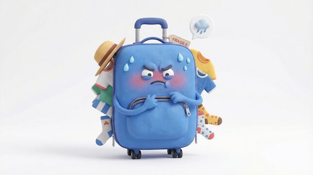 Funny Cartoon Suitcase Character Bursting with Clothes and Overpacked - Travel Stress Concept