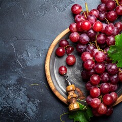 Fresh red grapes on a wooden plate with a corkscrew, ready for wine making.