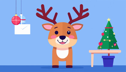 Fototapeta premium A cartoon reindeer stands beside a Christmas tree on a blue background