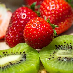 Fresh strawberries and kiwi fruit slices, a vibrant and healthy food combination, perfect for a refreshing snack.