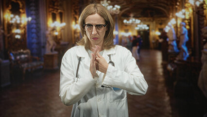 Woman doctor with stethoscope claps hands in ornate building corridor, white coat and glasses...