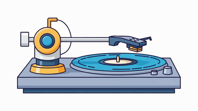 A cartoon-style illustration of a vintage turntable with a blue record on the platter