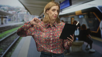 Woman reading black notebook on a train platform in a building, then makes a thumbs down gesture...