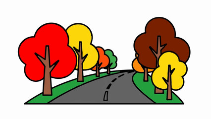 A cartoon-style road curves through a landscape dotted with trees displaying autumn foliage