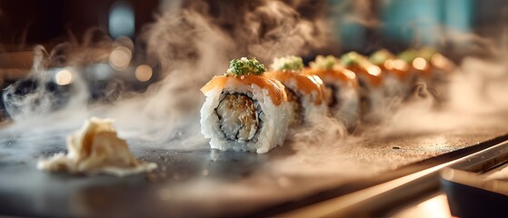 Gourmet sushi rolls presented with dramatic steam and cinematic lighting in a luxurious restaurant setting, showcasing exquisite culinary artistry.