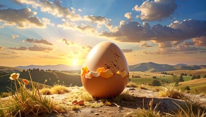 Giant Cracked Egg in Pastoral Landscape at Sunrise