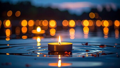 Floating Candles Serene Glow - A Peaceful Reflection on Waters Surface at Dusk.