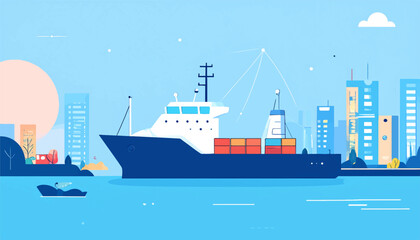 Obraz premium A cargo ship sails past a cityscape with a large pink sun and a cloud in the bright blue sky