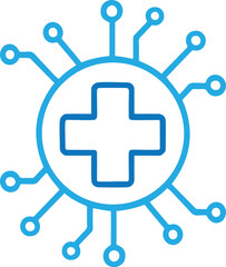Obraz premium Modern digital health cross icon surrounded by a circuit board network, symbolizing secure global telemedicine and advanced medical technology connectivity.
