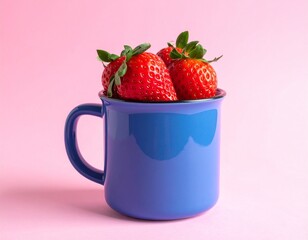 Fresh strawberries overflowing from a vibrant blue mug against a pink backdrop.