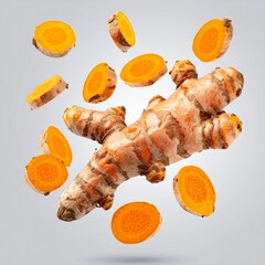 Fresh turmeric root and slices, vibrant yellow spice, culinary ingredient, healthy food, organic, isolated on white.