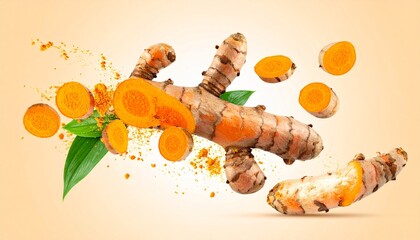 Fresh Turmeric Roots and Slices with Green Leaves, Healthy Spice for Cooking.