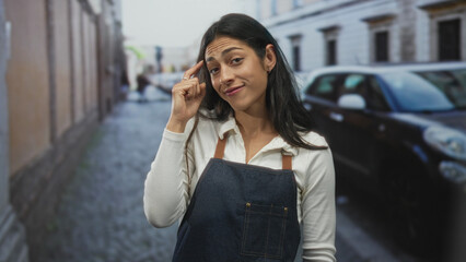 Woman points finger to temple on a cobblestone street wearing denim apron and white shirt while standing near parked car; confidence cleverness wit.