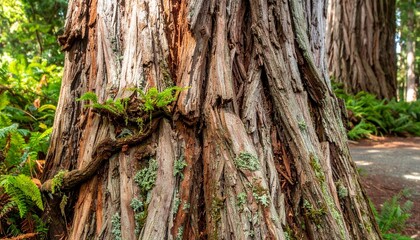 Giant Redwood Tree Trunk with Textured Bark and Lush Green Foliage.