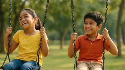 Two children smiling on swings in a park, captured from a side angle. The video conveys joy and friendship in a natural, outdoor setting.