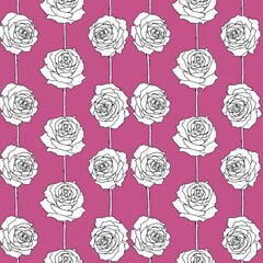 flat vertical vector seamless pattern with white rose flowers on pink background